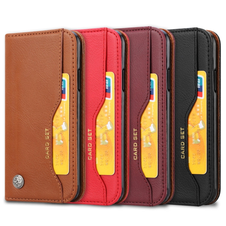 Leather flip phone cases in brown, red, wine red, and black with card slots
