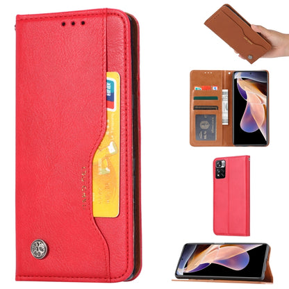 Red flip leather phone case with card slot window and camera cutout