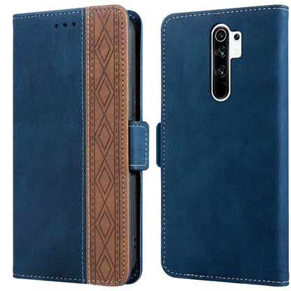 Blue leather-style phone case with brown patterned inner panel and magnetic side clasp