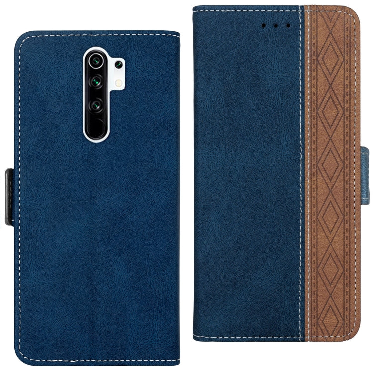 Blue phone case with magnetic flap, brown patterned inside, and cutouts for camera and speaker
