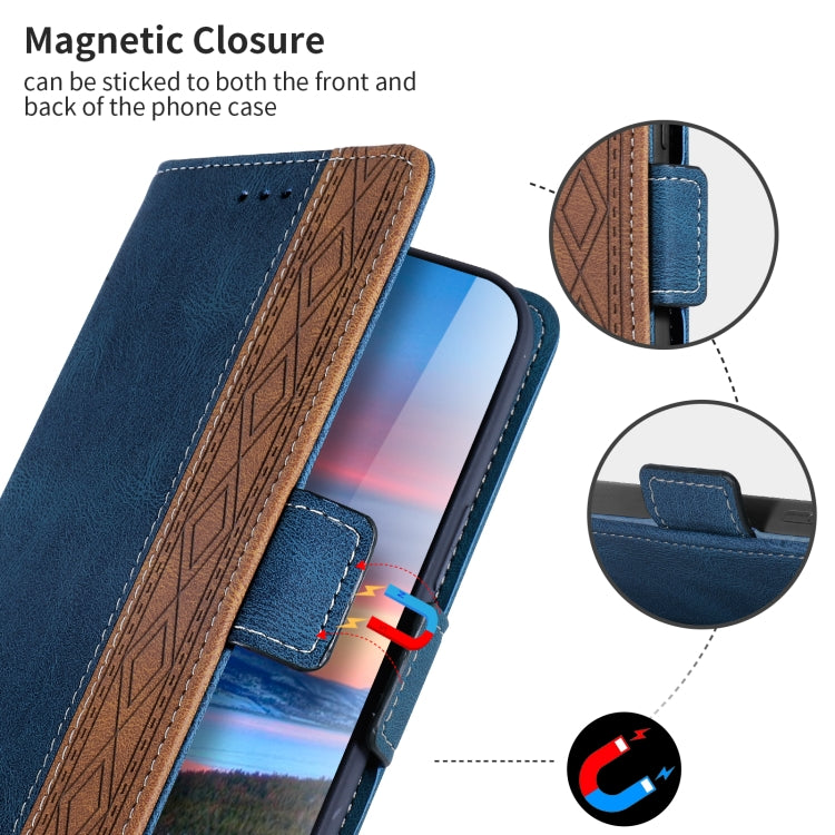 Blue folio phone case with brown patterned inside and magnetic closure strap detail