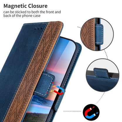 Blue folio phone case with brown patterned inside and magnetic closure strap detail