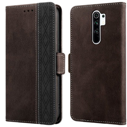 Leather phone case with side magnetic closure, RFID card window, brown, textured back and rear camera