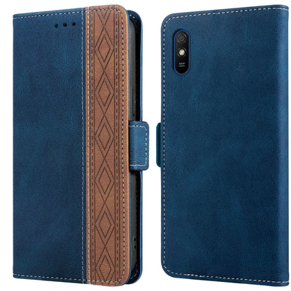 Blue leather phone case with brown patterned inner panel and magnetic side closure