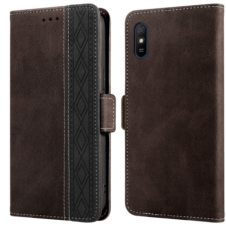 Leather phone case with side magnetic closure, RFID card window, dark brown, rear single camera module