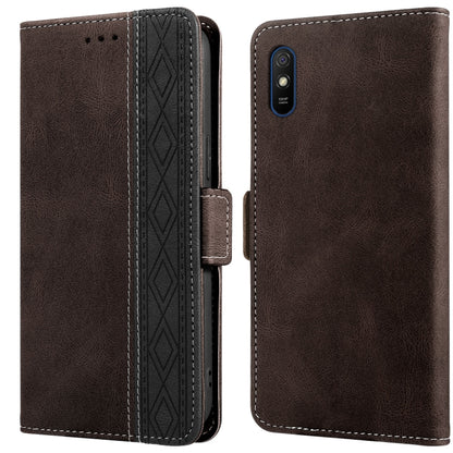 Leather phone case with side magnetic closure, RFID card window, dark brown, rear single camera module