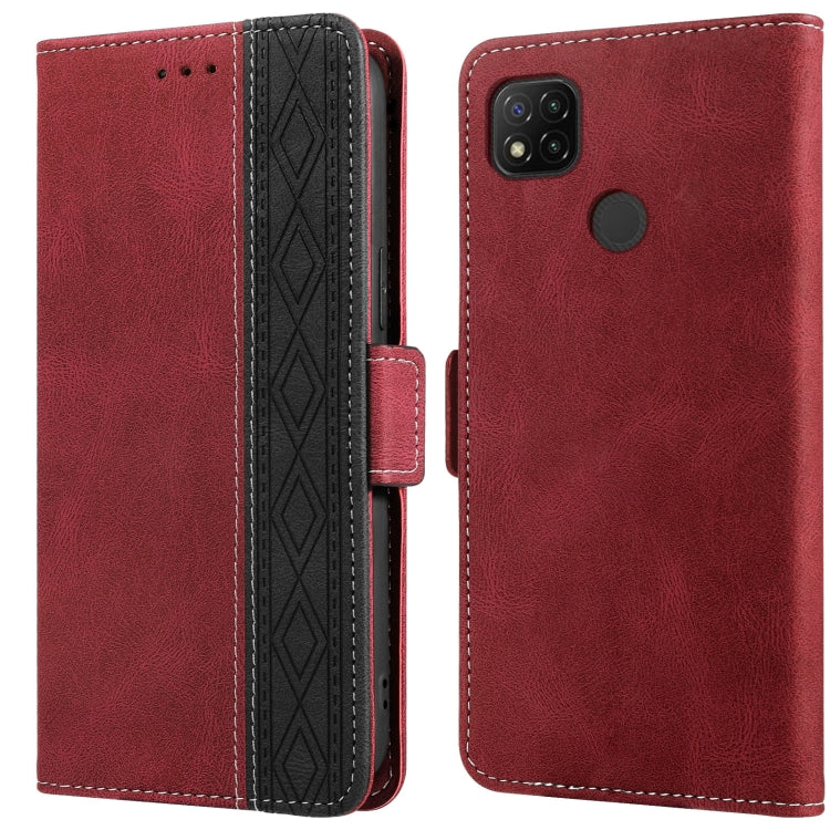 Red leather phone case with folio flap, side stitching, and patterned interior panel