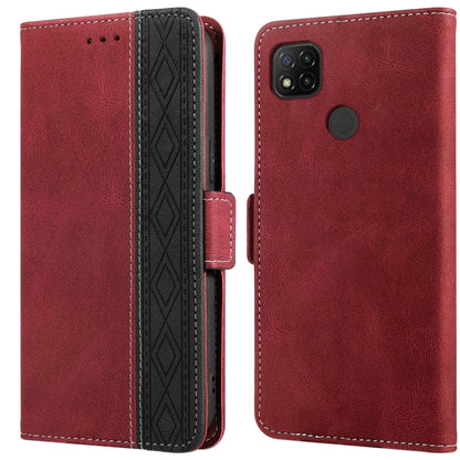 Red leather phone case with folio flap, side stitching, and patterned interior panel