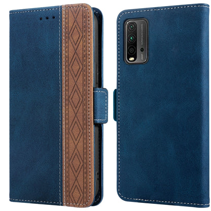 Blue leather phone case with brown patterned inner panel and precise camera module cutout