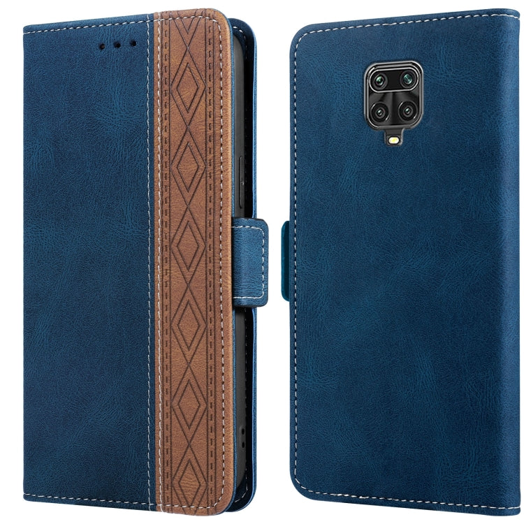 Royal blue leather phone case with side magnetic closure and brown card holder panel.