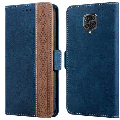 Royal blue leather phone case with side magnetic closure and brown card holder panel.