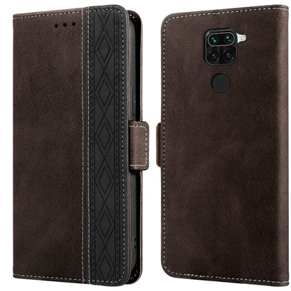 Leather phone case with side magnetic closure, RFID card window, dark brown, rear camera and circular sensor