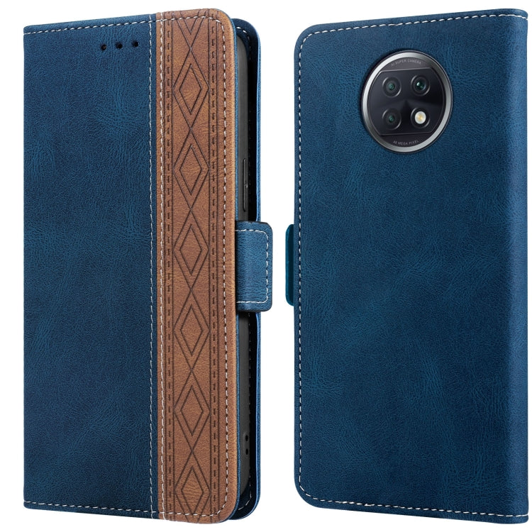 Royal blue leather phone case with side magnetic closure and round camera module cutout.