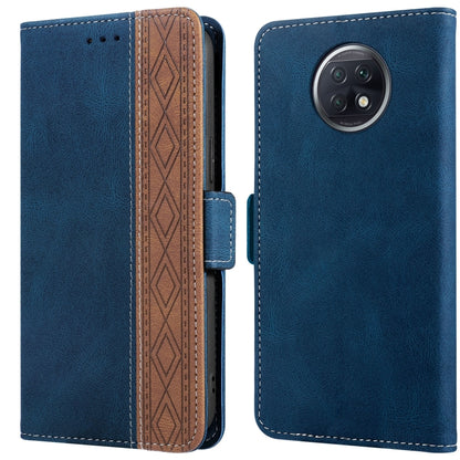 Royal blue leather phone case with side magnetic closure and round camera module cutout.