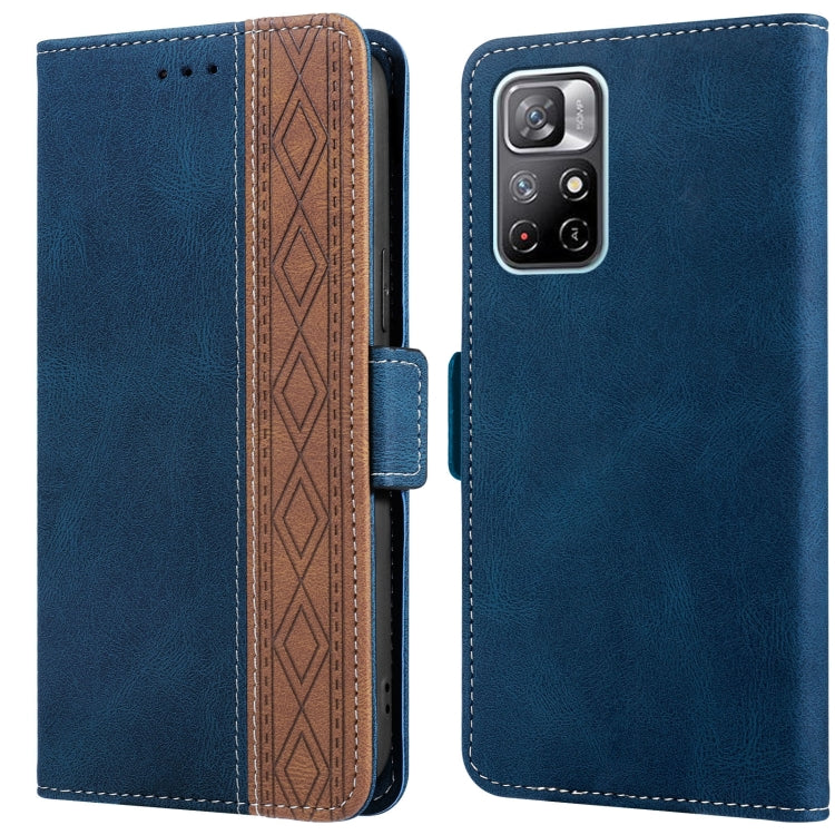 Royal blue leather phone case with side magnetic closure and multi-lens rear camera cutout.
