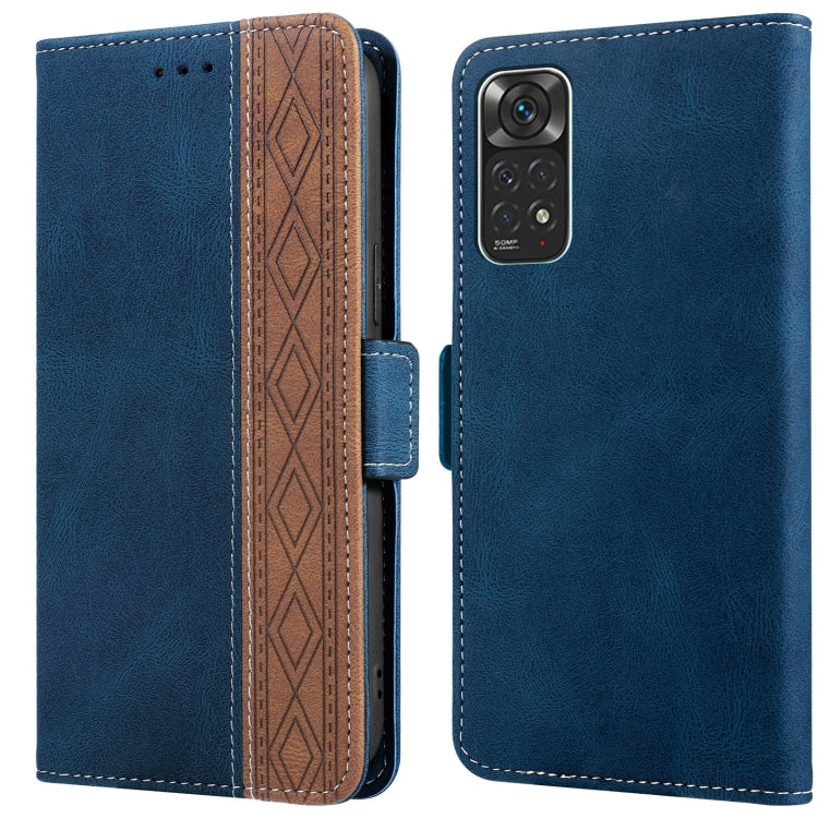Royal blue leather phone case with side magnetic closure and rear camera cutout with flash.