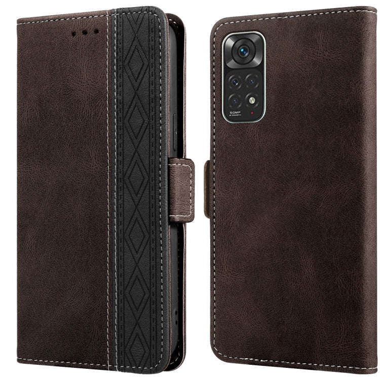 Brown leather phone case with flip cover and side magnetic closure, embossed pattern panel.