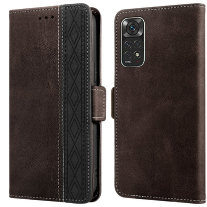 Brown leather phone case with flip cover and side magnetic closure, embossed pattern panel.