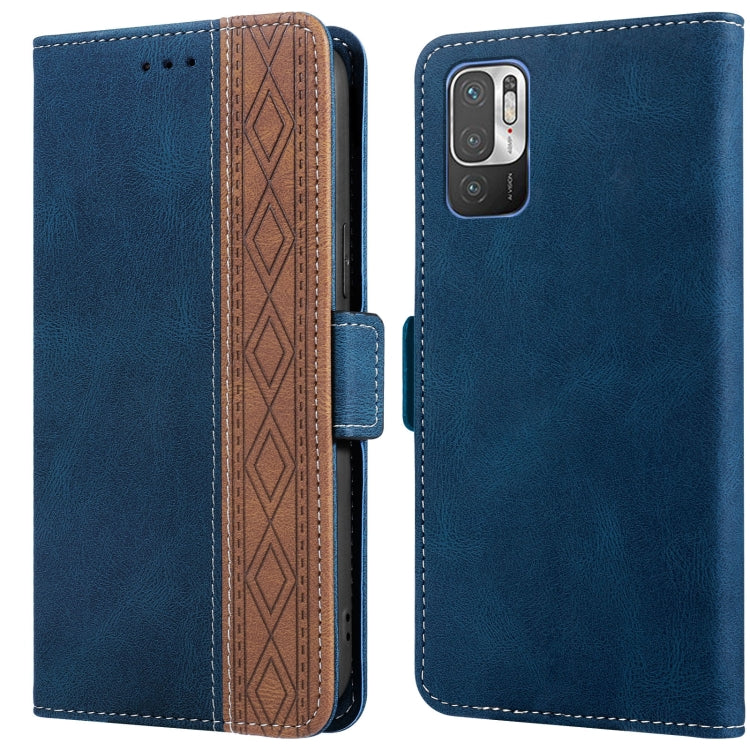 Royal blue leather phone case with side magnetic closure and square rear camera cutout.