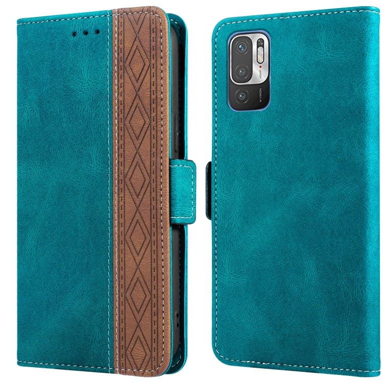 Teal leather phone case with side magnetic closure and patterned card slot, dual camera cutouts