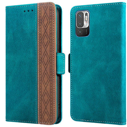 Teal leather phone case with side magnetic closure and patterned card slot, dual camera cutouts