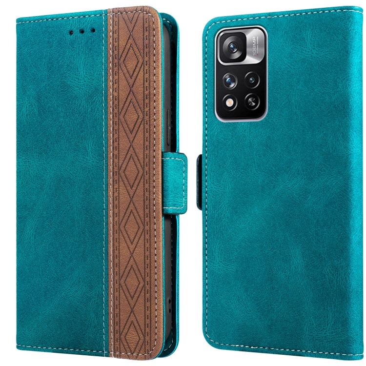 Teal leather phone case with side magnetic closure and patterned card slot, triple camera cutouts