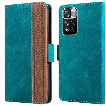 Teal leather phone case with side magnetic closure and patterned card slot, triple camera cutouts