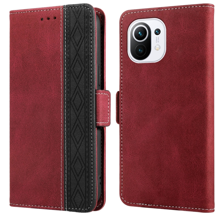 Red leather phone case with side magnetic flap, RFID protection, lens cutout on back