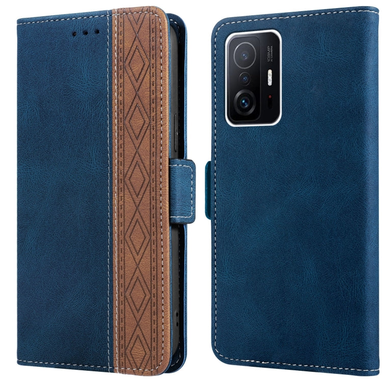 Royal blue leather folio phone case with folio flap and cutouts, side stitching detail