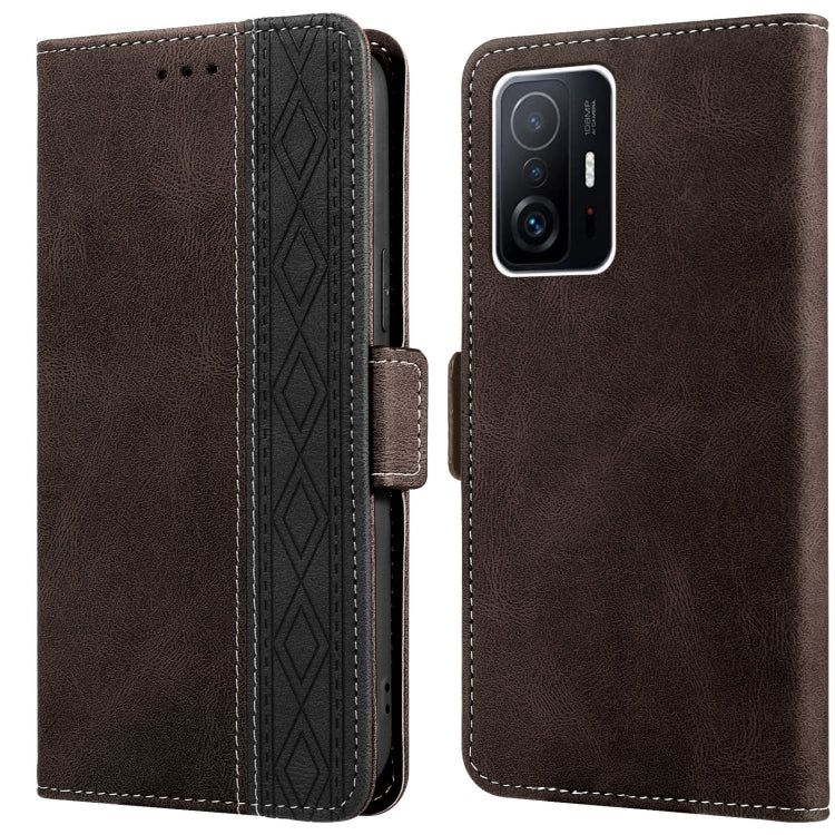 Brown leather phone case with flip cover and side magnetic closure, precise camera opening.