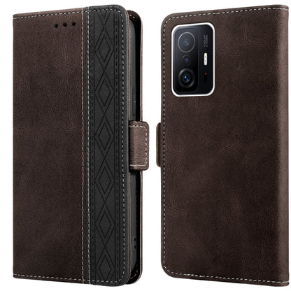 Brown leather phone case with flip cover and side magnetic closure, precise camera opening.