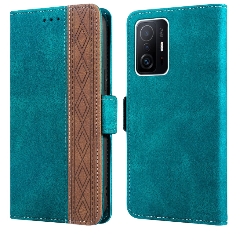 Teal leather phone case with side magnetic closure and patterned card slot, multi-lens camera cutout