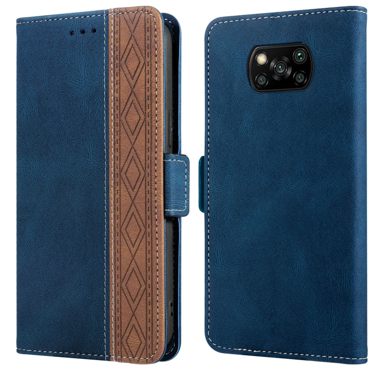 Royal blue leather phone case with folio flap, visible side strap, and patterned interior panel