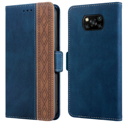 Royal blue leather phone case with folio flap, visible side strap, and patterned interior panel