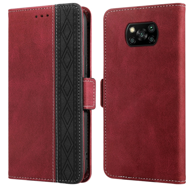Leather phone case with side magnetic closure, RFID card window, red, front pattern and back cover
