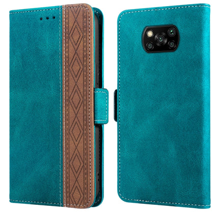Teal leather phone case with side magnetic closure, patterned card slot, wide triple-lens camera area