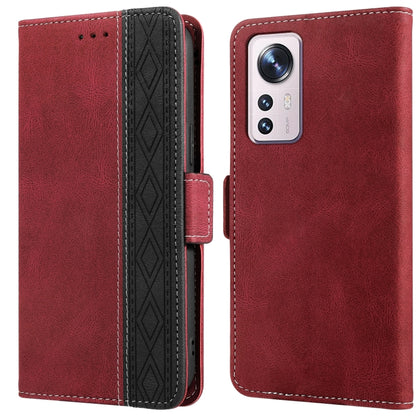 Leather phone case with side magnetic closure, RFID card window, red, visible rear triple camera