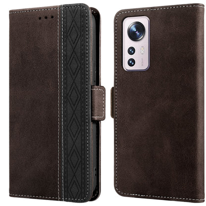 Brown leather phone case with flip cover and side magnetic closure, stitched perimeter.