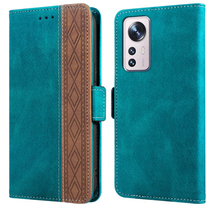 Teal leather phone case with side magnetic closure and patterned card slot, single-lens camera cutout