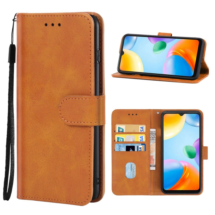 Brown leather phone wallet case with flip cover and card holder cutouts.