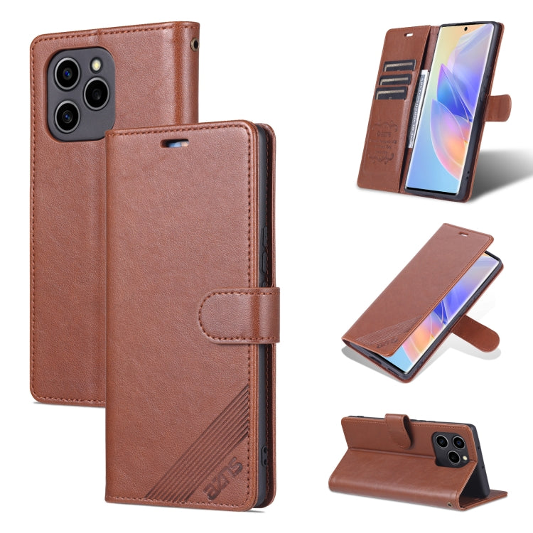 Brown flip leather phone case with card slot, stitched edges, and camera cutout