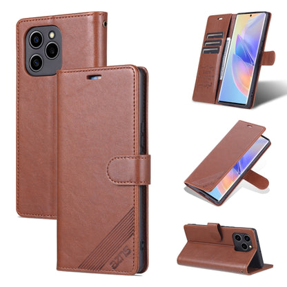 Brown flip leather phone case with card slot, stitched edges, and camera cutout