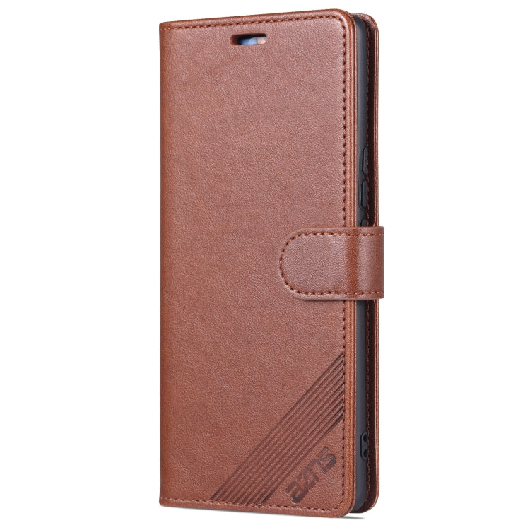 Brown flip leather phone case front view with side tab and stitched belt strap