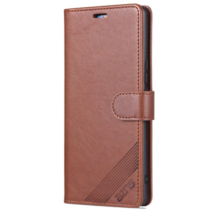 Brown flip leather phone case front view with side tab and stitched belt strap
