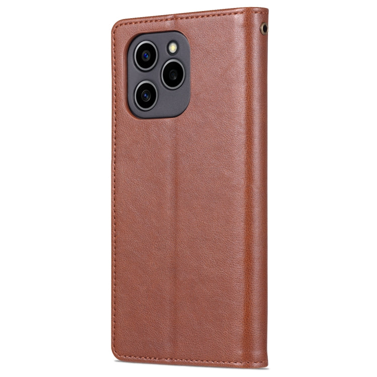 Brown leather phone case with textured finish and camera cutout on the back