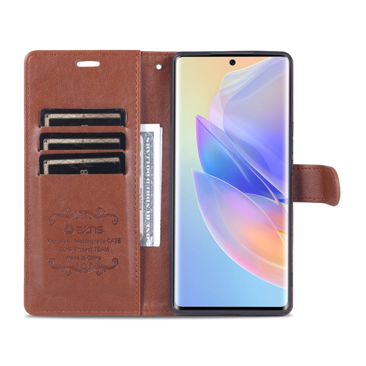 Brown flip wallet phone case opened, showing card slots and phone screen window