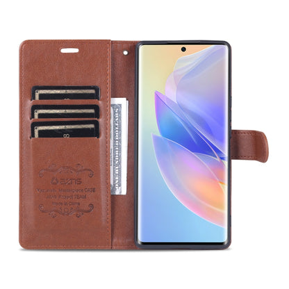 Brown flip wallet phone case opened, showing card slots and phone screen window