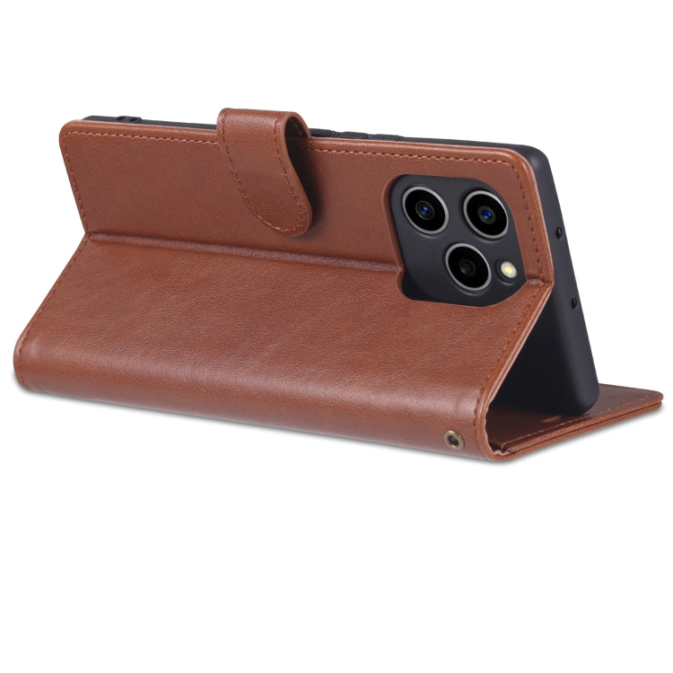 Brown folio phone case folded upright like a stand with visible camera cutout