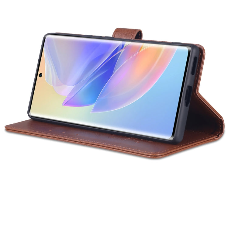 Brown flip phone case folded for viewing stand, with leather lip around the edges