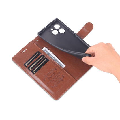 Brown flip wallet phone case with card slots and hand lifting the card holder